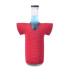 A glass bottle with a red t-shirt-shaped cooler covering its body, with the neck of the bottle exposed. The bottle contains a blue liquid and is sealed with a black cap.