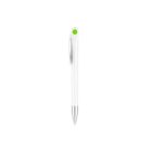 A sleek, modern pen with a white body, silver tip, and a stylized clip. It features a green button on the top. The background is plain white, emphasizing the pens minimalist design.