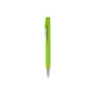 A green ballpoint pen with a silver clip and tip, standing upright on a white background.