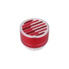 Red portable Bluetooth speaker with a white perforated top featuring abstract red lines. Compact design with a cylindrical shape and a silver base containing control buttons.