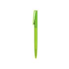 A bright green plastic pen with a clip on the cap, standing upright against a white background. The pen has a sleek and simple design, and the cap and body are the same vibrant color.