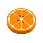 A round, orange, fruit-themed USB hub designed to resemble an orange slice, with white divisions and black seeds.