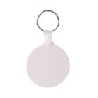 A round, white keychain with a metal ring at the top. The keychain has a plain, smooth surface and is designed for attaching to keys or bags.