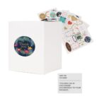 A white box with a Thank you sticker on it, surrounded by various colorful sticker sheets featuring designs like hearts and flowers. Text at the bottom says ADD ON STICKERS *STICKERS CAN BE CUSTOMIZED ACCORDINGLY TO YOUR PACKAGES.