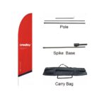 A red teardrop banner with the word creatsy printed on it. To the right, separate pieces are labeled: Pole, Spike Base, and Carry Bag. The pole is disassembled, the spike base is horizontal, and the bag is black.
