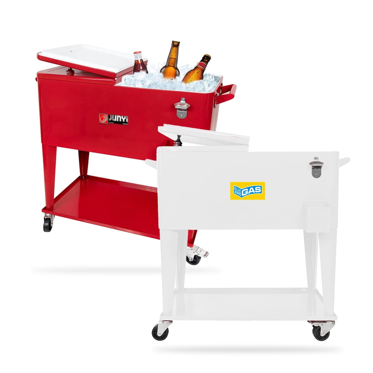 Two portable beverage coolers are shown. The red cooler is filled with ice and assorted drinks, while the white cooler is closed. Both have casters for mobility and are designed for outdoor use.