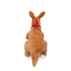 A plush kangaroo toy with a soft brown texture is seen from behind. It has a red ribbon tied around its neck and is sitting upright on a white background. A small tag is attached at the bottom.