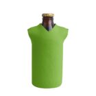 A brown glass bottle with a yellow cap is covered by a bright green, fabric koozie that resembles a sleeveless shirt or jersey.