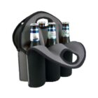 Six-pack of bottled beverages held in a gray and black neoprene carrier. The bottles have blue and silver caps and labels, and the carrier has cut-out handles for easy carrying.