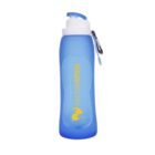 Blue plastic water bottle with white cap, yellow text, and attached carabiner clip.