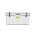 A large white cooler with black latches and a small yellow logo in the center. The cooler has a sleek, sturdy design with a rectangular shape, suitable for outdoor activities or storage.