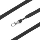 A black leash with a silver metal clasp. The durable strap has a textured surface and is neatly arranged, showing both its length and the attachment end. The clasp is securely fastened to a fabric loop, ready for use.