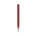 A sleek, metallic red pen with a silver tip is centered against a plain white background. The pen is vertically oriented, showcasing its smooth and minimalist design.