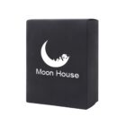 Black box with white logo of a crescent moon and houses inside it, accompanied by the text Moon House.