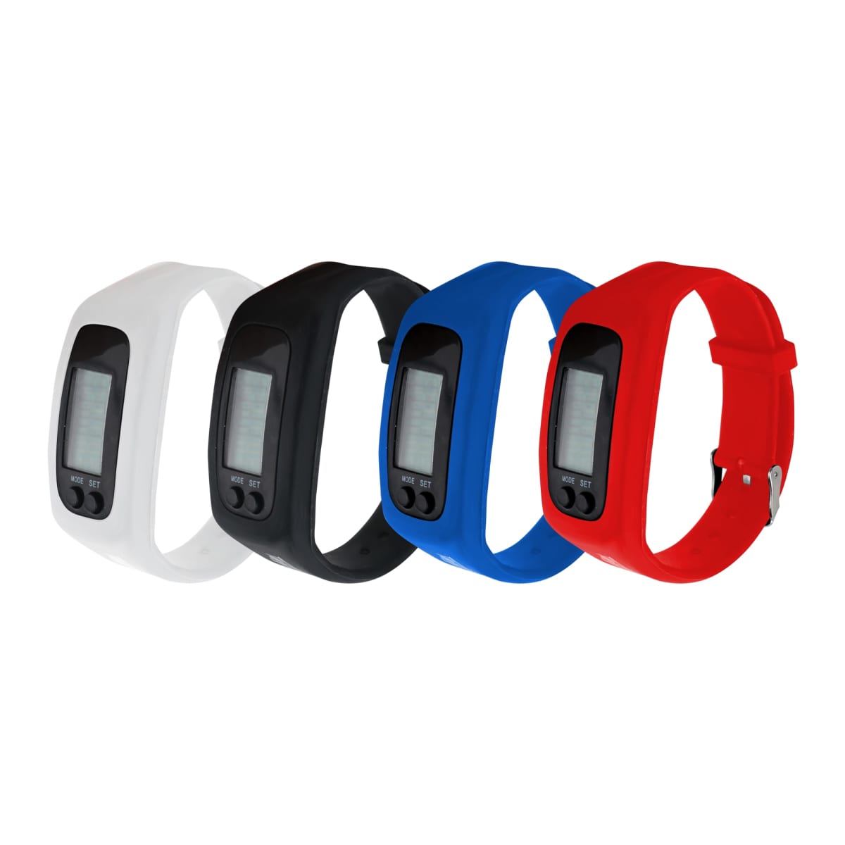Four digital wristwatches with rubber straps are displayed. The watches are in white, black, blue, and red. Each watch features a rectangular digital display and two buttons below the screen.