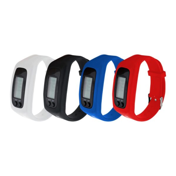 Four digital wristwatches with rectangular displays, shown from left to right in white, black, blue, and red. Each watch has two buttons below the display, set against a plain white background.
