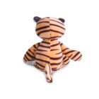 Plush tiger toy with orange and black stripes, sitting with its back facing the viewer. Visible are its tail and small ears, positioned against a plain white background.