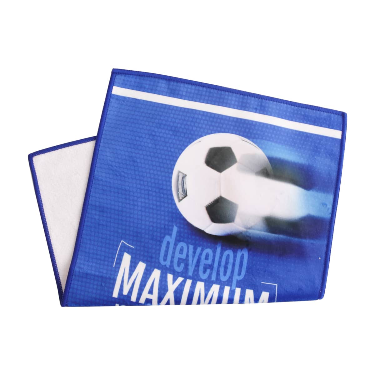 Blue towel with a soccer ball design and the words develop MAXIMUM in white letters. The towel is folded partially, with white fabric visible on the other half.