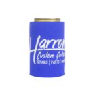 A blue can cooler featuring white text that reads Harrow Custom Guitars and Repairs | Parts | Builds. The cooler is wrapped around a can with a sliver of the cans top visible.