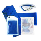 Blue cooling towel displayed with a transparent carry pouch and a carabiner. The pouch is partially open, showing the towel inside. An enlarged view of the carabiner is shown at the top. Another translucent pouch with a design is included.