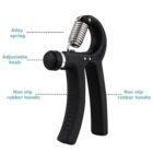 Close-up of a handheld grip strengthener. It features an alloy spring, an adjustable knob, and non-slip rubber handles, all labeled with dashed lines. The device is primarily black with metallic components.