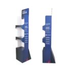Two blue and white promotional display stands with three shelves. They feature Natural Gas text at the top and a placeholder Lorem Ipsum text with icons on the side. The stands are empty and set against a white background.
