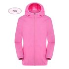 Pink hooded jacket with a front zipper, elastic cuffs, and a subtle patterned design. Oval label next to the jacket reads Pink.
