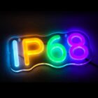 Neon sign displaying IP68 with each character in different colors: red, orange, yellow, green, blue, and purple, against a dark background.