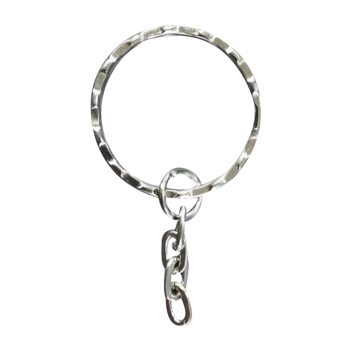 A silver metal key ring featuring a hammered texture. It is attached to a short, linked chain, designed for keys or accessories. The background is plain white.