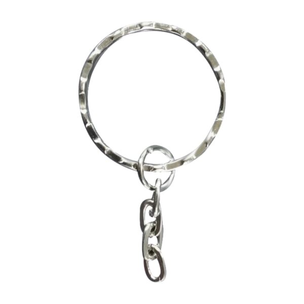 A silver key ring with a textured, circular loop and two attached chain links. The ring has a shiny finish, and the chains dangle below it. The background is plain white.