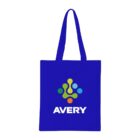 A blue tote bag with a logo featuring colorful abstract shapes above the name AVERY in white text. The shapes include green, yellow, light blue, and orange circles and lines.