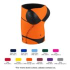 A can cooler shaped like a bikini top in orange with black stitching. Below are color swatches labeled Navy blue, Royal blue, Light blue, Green, Pink, Red, Yellow, Orange, Maroon, Purple, and Grey with their respective PMS codes.