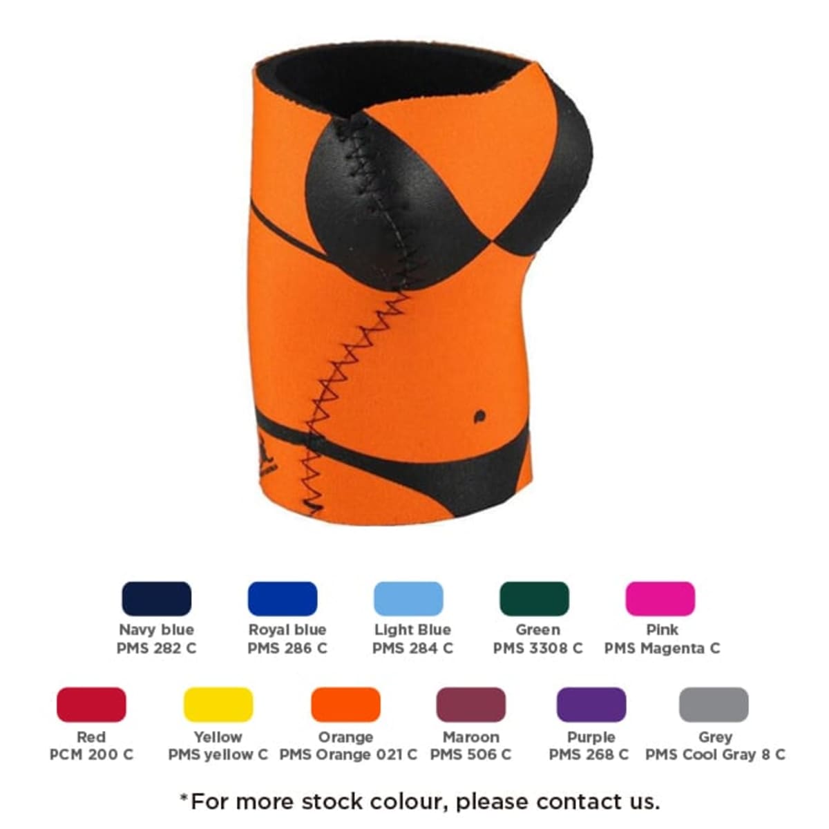 A can cooler shaped like a bikini top in orange with black stitching. Below are color swatches labeled Navy blue, Royal blue, Light blue, Green, Pink, Red, Yellow, Orange, Maroon, Purple, and Grey with their respective PMS codes.