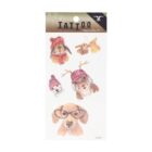 Sticker sheet featuring temporary tattoos of animals: two rabbits in winter hats, a dog in a hat with antlers, another dog with glasses, and a tiny rabbit. Each design is colorful and playful.