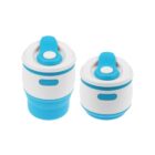 Two collapsible silicone containers with blue and white lids. Both containers are partially expanded, showcasing their compact, portable design suitable for storage or travel.