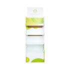A white cardboard display stand with green circular patterns and four shelves. The top features a blank space for a company logo and name.