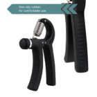 Black hand grip strengthener with adjustable resistance and non-slip rubber handle. Features a silver adjustment knob and visible metal spring. Text reads: Non slip rubber, for comfortable use.