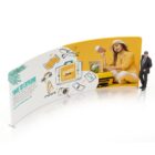 Curved exhibition banner with travel-themed illustrations and the text Time to Explore. A woman in yellow, holding a passport, sits by a suitcase. A man in a suit walks by the display.
