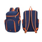 Two navy blue backpacks with orange accents. One backpack is shown from the front, displaying multiple zippered compartments, while the other is shown from the back, highlighting straps and a top handle.