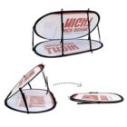 Collapsible pop-up sign with HIGH KICK BOXING text shown in two stages: one open and standing upright, the other partially collapsed. The sign is white with bold red lettering and black trim.