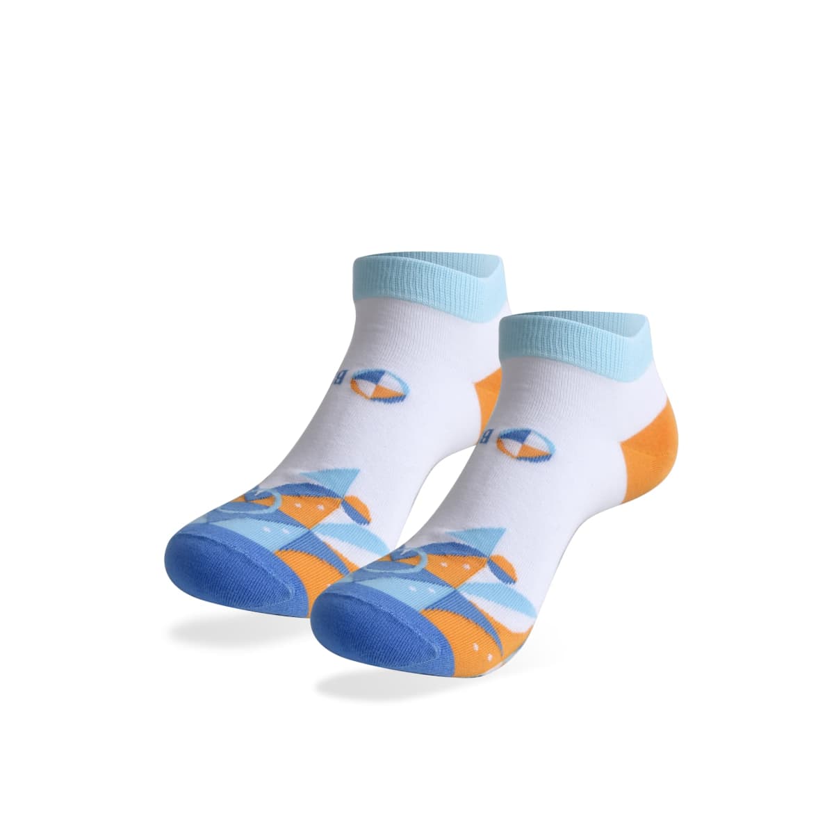 A pair of ankle socks with a blue, orange, and white geometric design. The socks feature patterns resembling triangles and circles. The cuffs, toes, and heels are highlighted with solid blue accents.