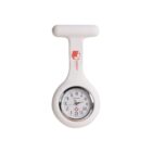 A small, round analog clock with a white silicone strap and red text on the handle. The clock has black numbers and black hands.