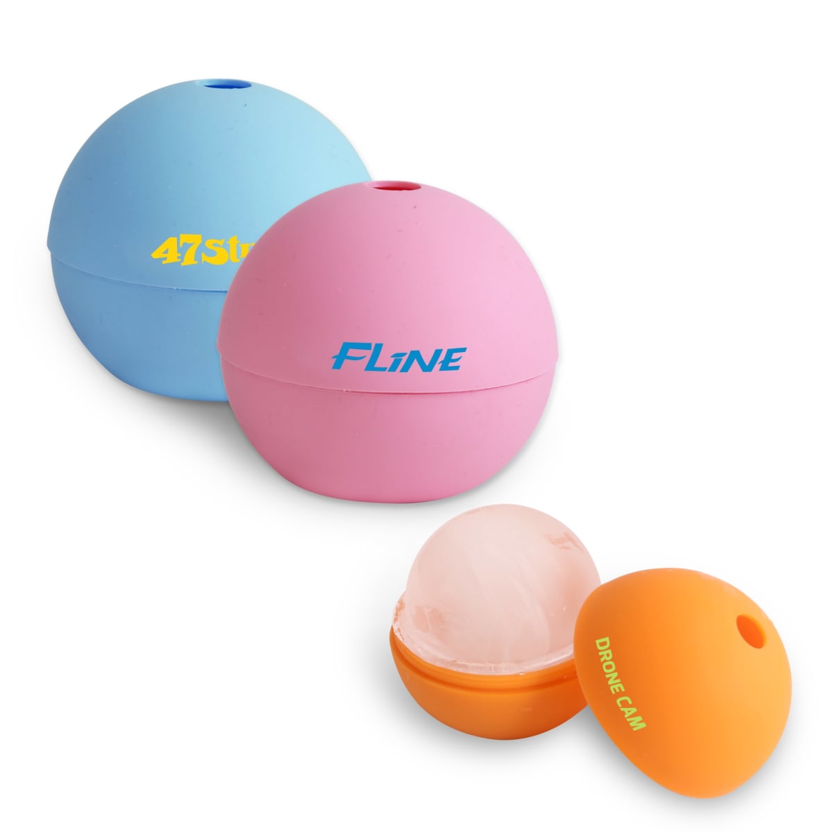 Three spherical lip balm containers: one light blue labeled 47stop, one pink labeled FLINE, and an open orange one labeled DRONE CAM revealing its balm. The containers are arranged in an overlapping manner on a white background.