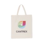 A beige tote bag featuring a colorful, abstract logo resembling a musical note, and the word CANTREX printed underneath. The bag has sturdy handles and a minimalist design.