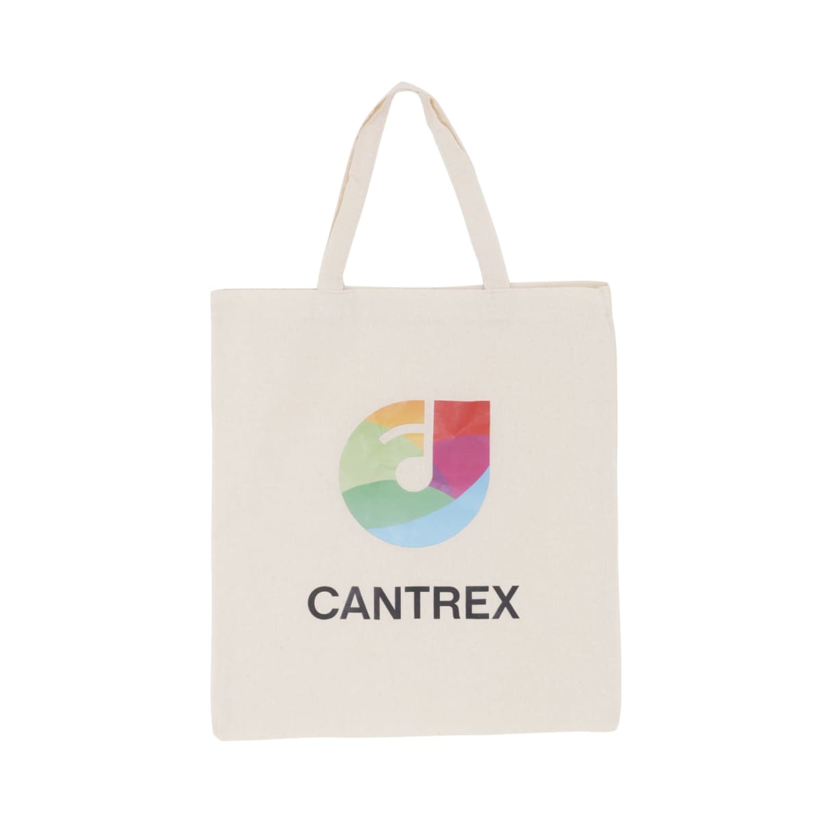 A beige tote bag featuring a colorful, abstract logo resembling a musical note, and the word CANTREX printed underneath. The bag has sturdy handles and a minimalist design.