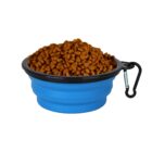 A collapsible blue pet bowl filled with brown kibble. The bowl has a black rim and a metal carabiner attached for easy carrying.