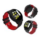 Three smartwatches with black cases and red/black straps are shown. Their round screens display a digital time and date. The back view reveals charging contacts. The design is sporty and modern.