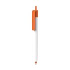 A ballpoint pen with a white barrel and orange clicker, clip, and tip.
