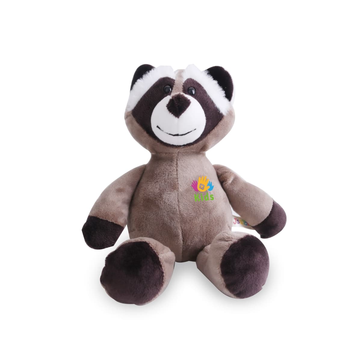 A plush raccoon toy with brown and white fur sits upright. It has a smiling face and its arms and legs are outstretched. The toy features a colorful logo with a handprint and the word kids on its chest.