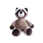 A plush raccoon toy with dark and light brown fur. It has a smiling face, black nose, and white around its eyes. A colorful logo is embroidered on its chest, showing a handprint and the word kids.